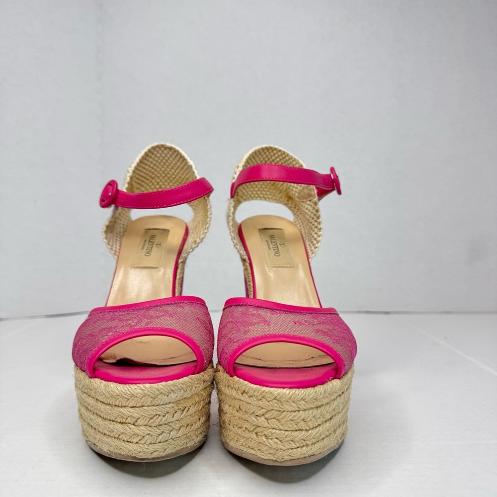 VALENTINO Pink Lace Espadrille Wedges Size 37 - Picture 2 of 7